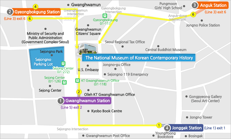 Line 5 Gwanghwamun Station exit 2(250m), Line 3 Gyeongbokgung Station exit 6(500m), Line 3 Anguk Station exit 6(800m), Line 1 Jonggak Station exit 1(900m)