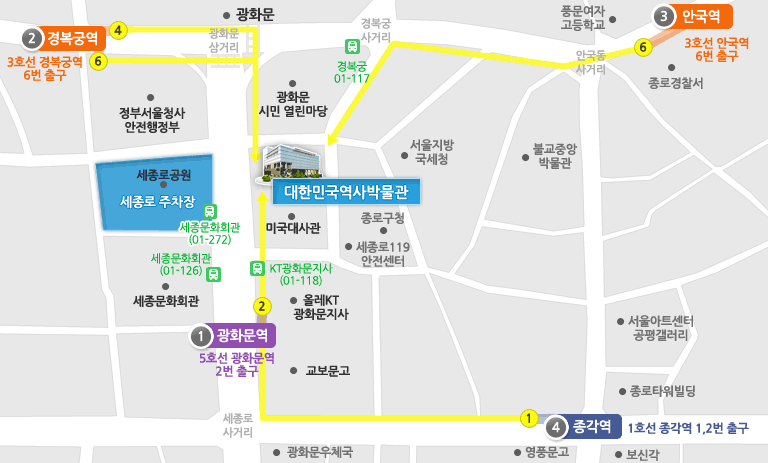 5호선 광화문역 2번 출구 (약 250m), 3호선 경복궁3호선 경복궁역 6번 출구 (약 500m), 3호선 안국3호선 안국역 6번 출구 (약 800m), 1호선 종각역1호선 종각역 1번 또는 2번 출구 (약 900m)